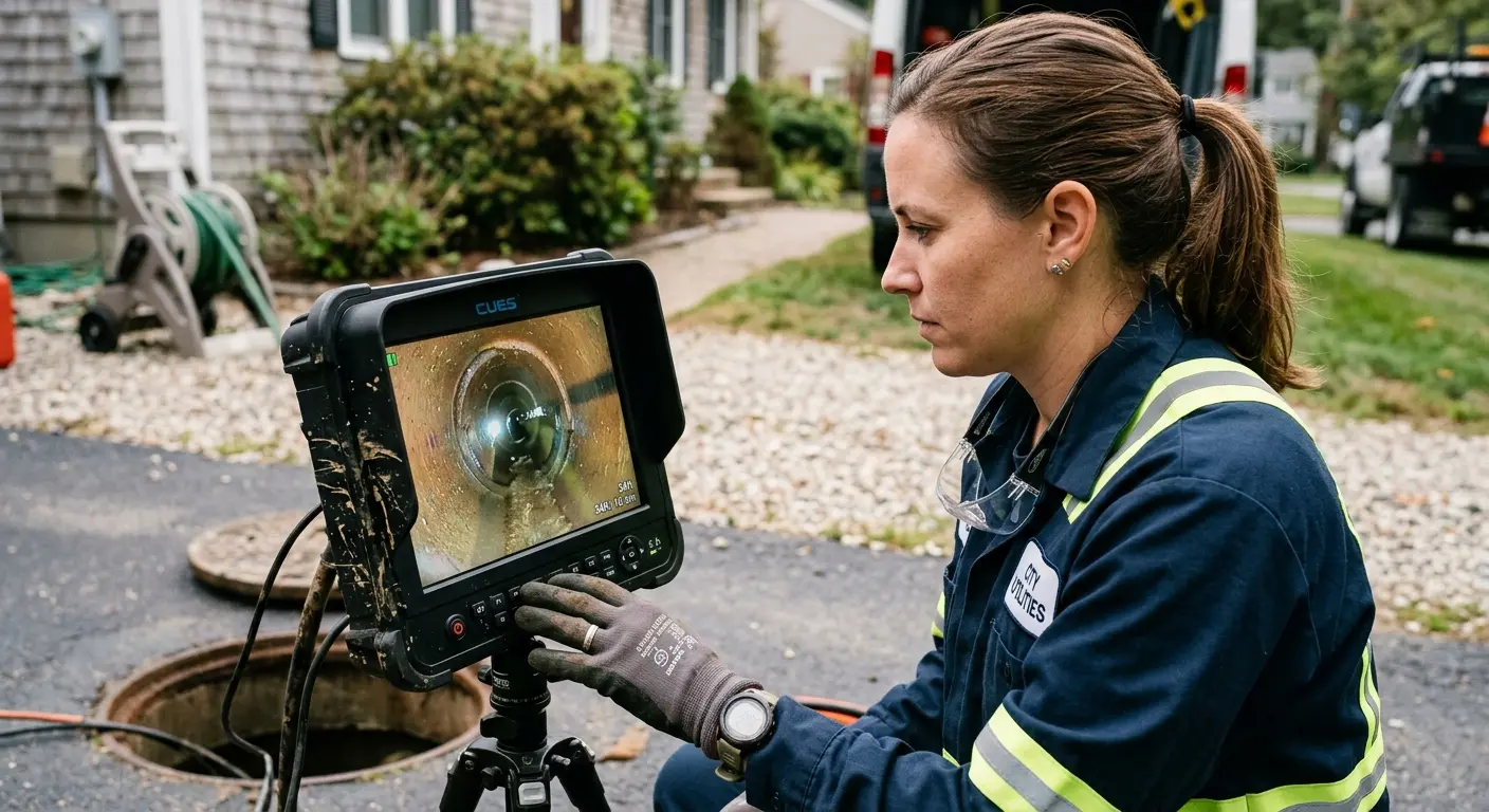 Technician reviewing sewer camera inspection footage in Gun Plain