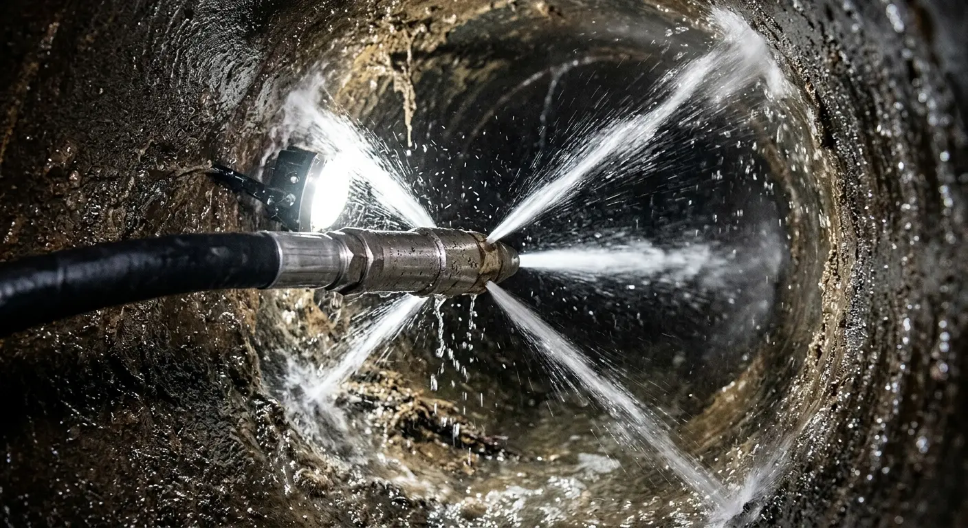 High-pressure hydro jetting nozzle cleaning sewer pipe for Sewer Cleanout in Gun Plain
