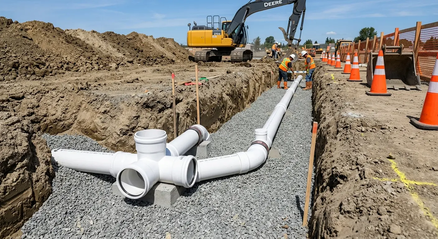New PVC sewer pipe installation in open trench for Sewer Backup in Gun Plain