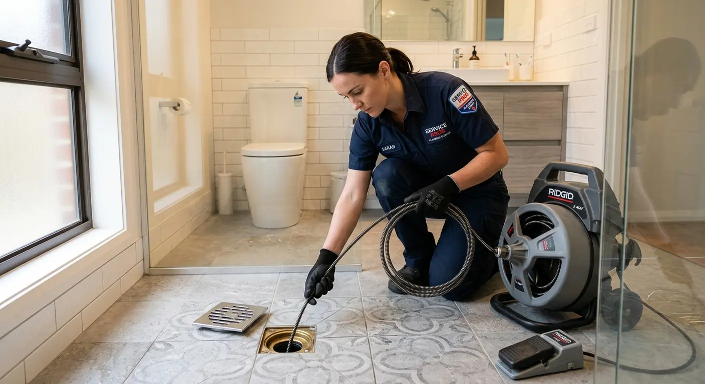 Technician clearing a bathroom floor drain for Drain Repair in Gun Plain